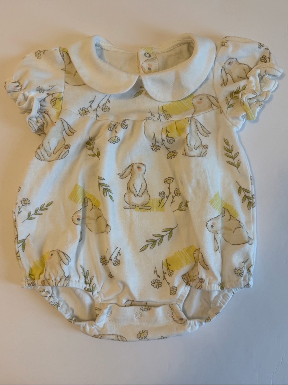 Baby Bunny Collared Romper in White and Pale Yellow